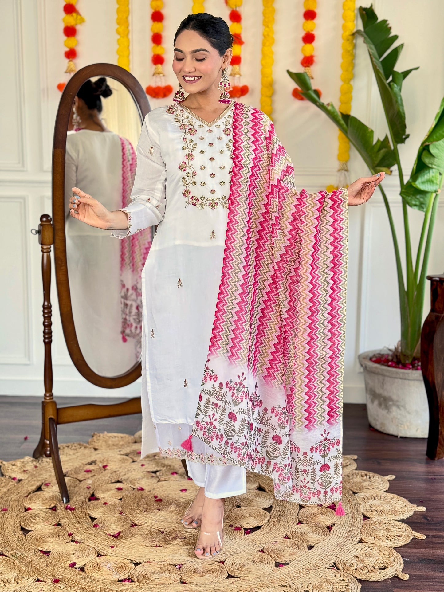 Women's Viscose Chanderi Embroidered Straight Kurta with Pant And Silk Printed Dupatta Sets