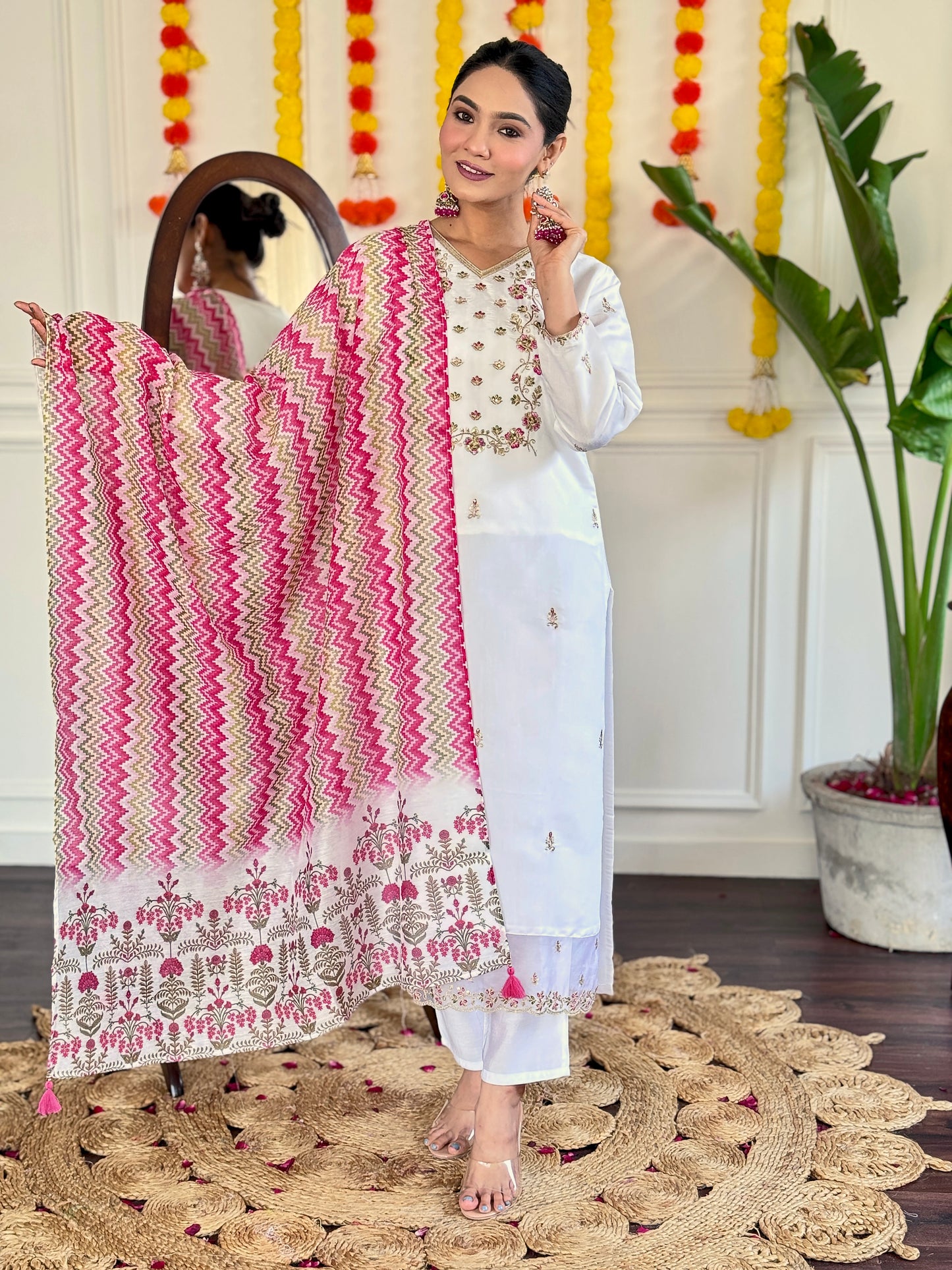 Women's Viscose Chanderi Embroidered Straight Kurta with Pant And Silk Printed Dupatta Sets