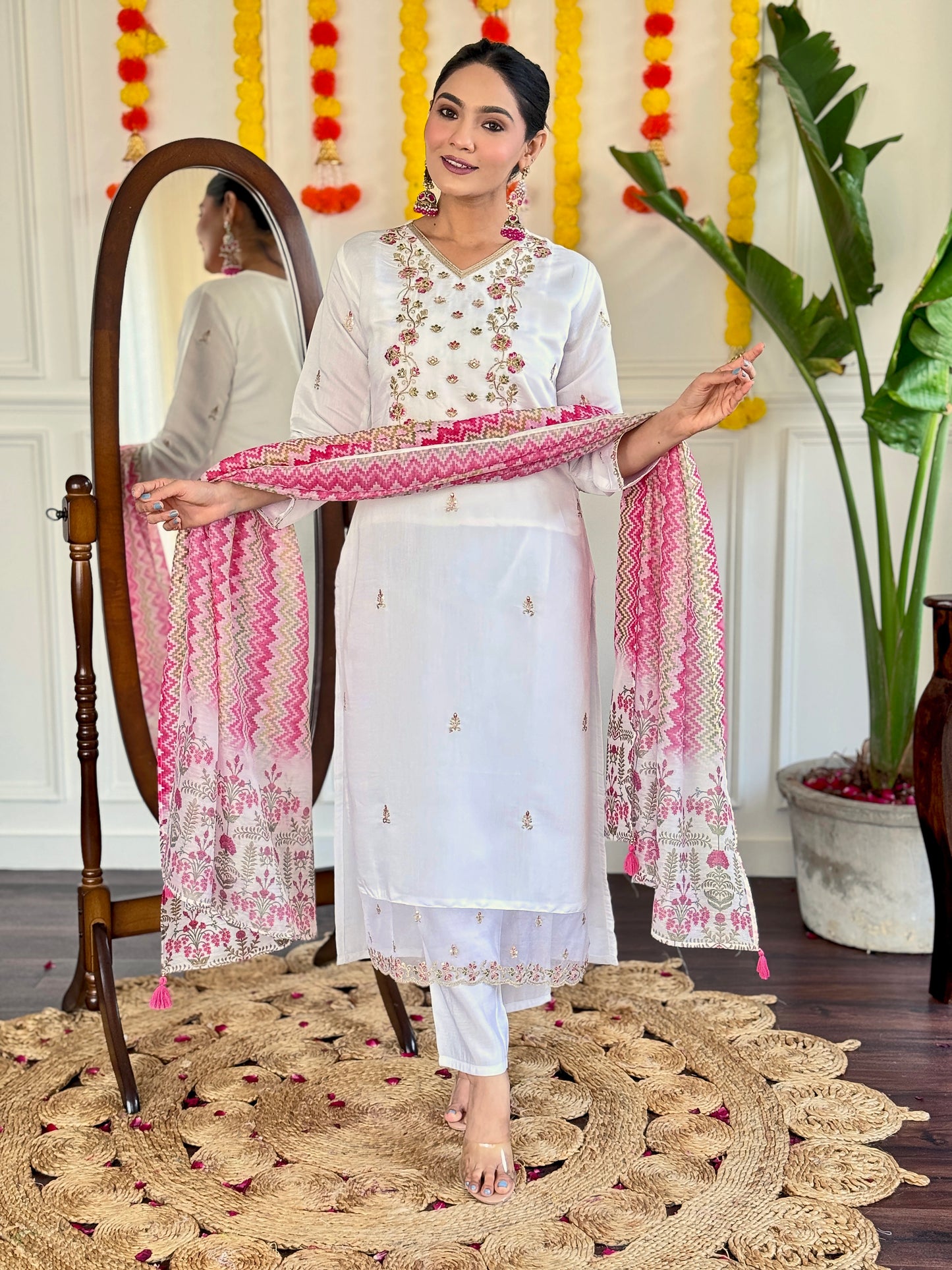 Women's Viscose Chanderi Embroidered Straight Kurta with Pant And Silk Printed Dupatta Sets