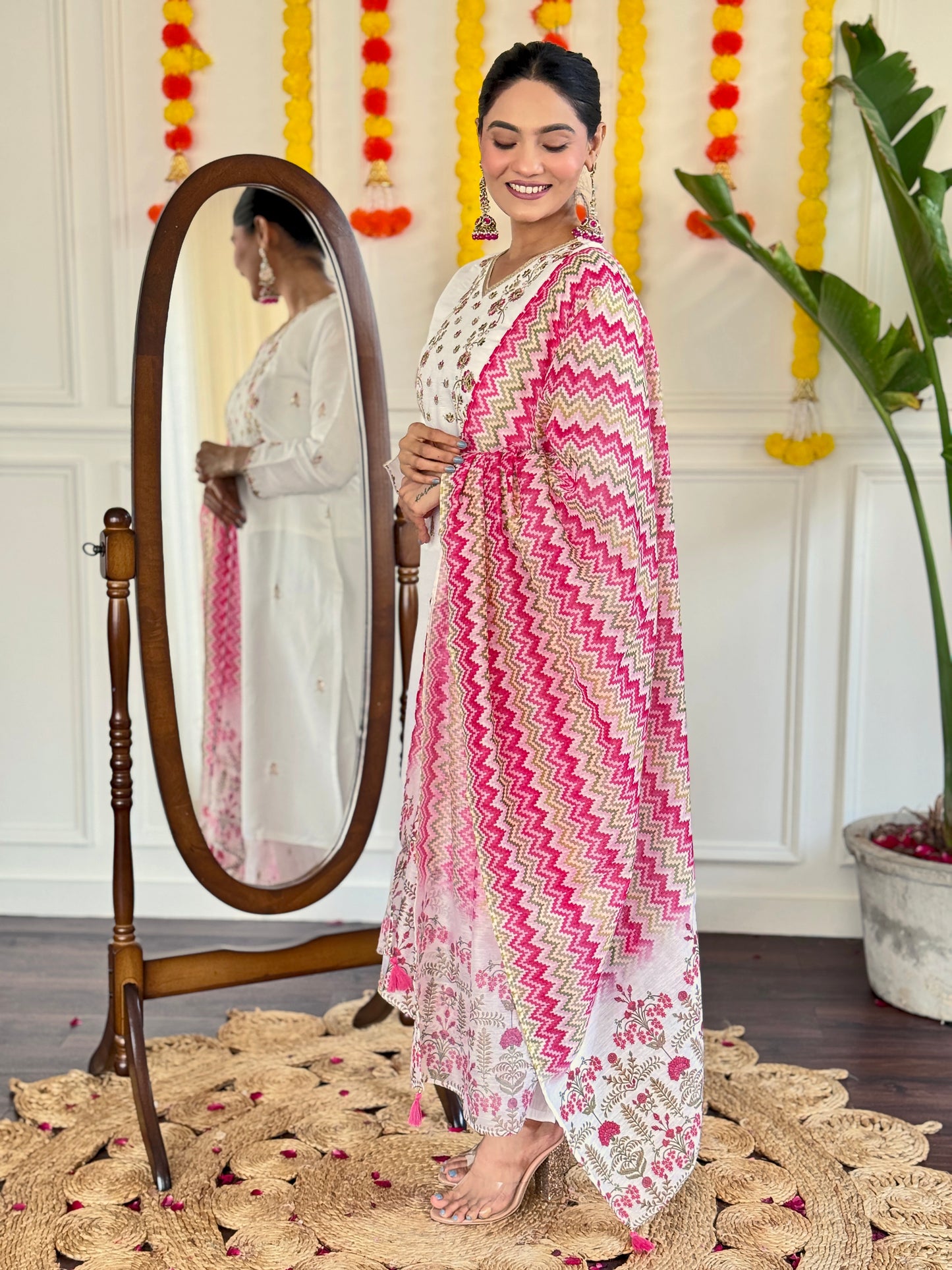 Women's Viscose Chanderi Embroidered Straight Kurta with Pant And Silk Printed Dupatta Sets