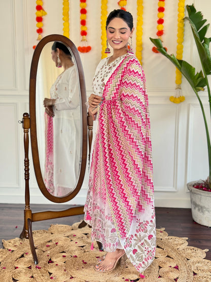 Women's Viscose Chanderi Embroidered Straight Kurta with Pant And Silk Printed Dupatta Sets