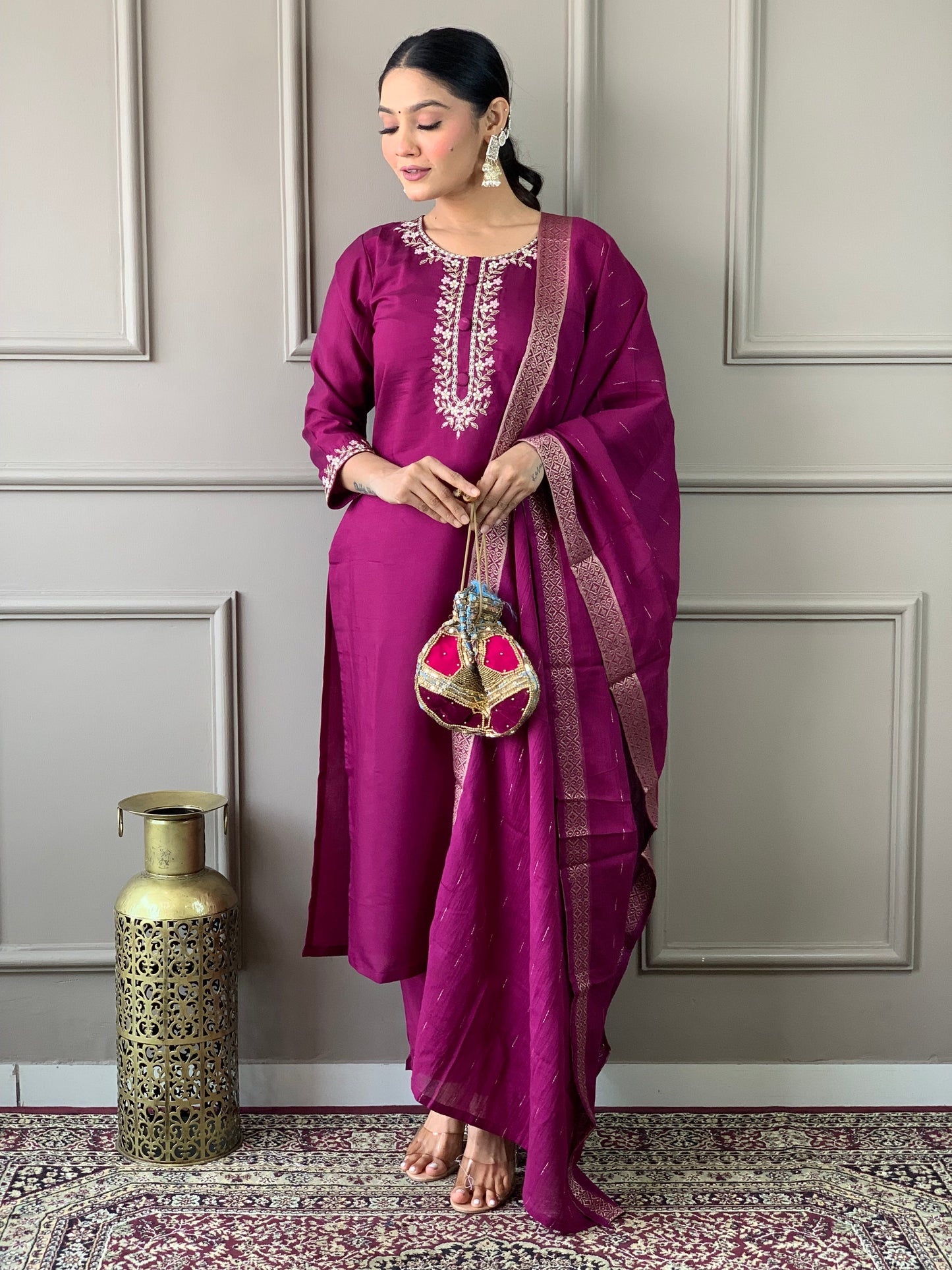 Women's Viscose Chanderi Embroidered Straight Kurta with Pant And Jacquard Printed Dupatta Sets-Minimum Qty -10 Pic