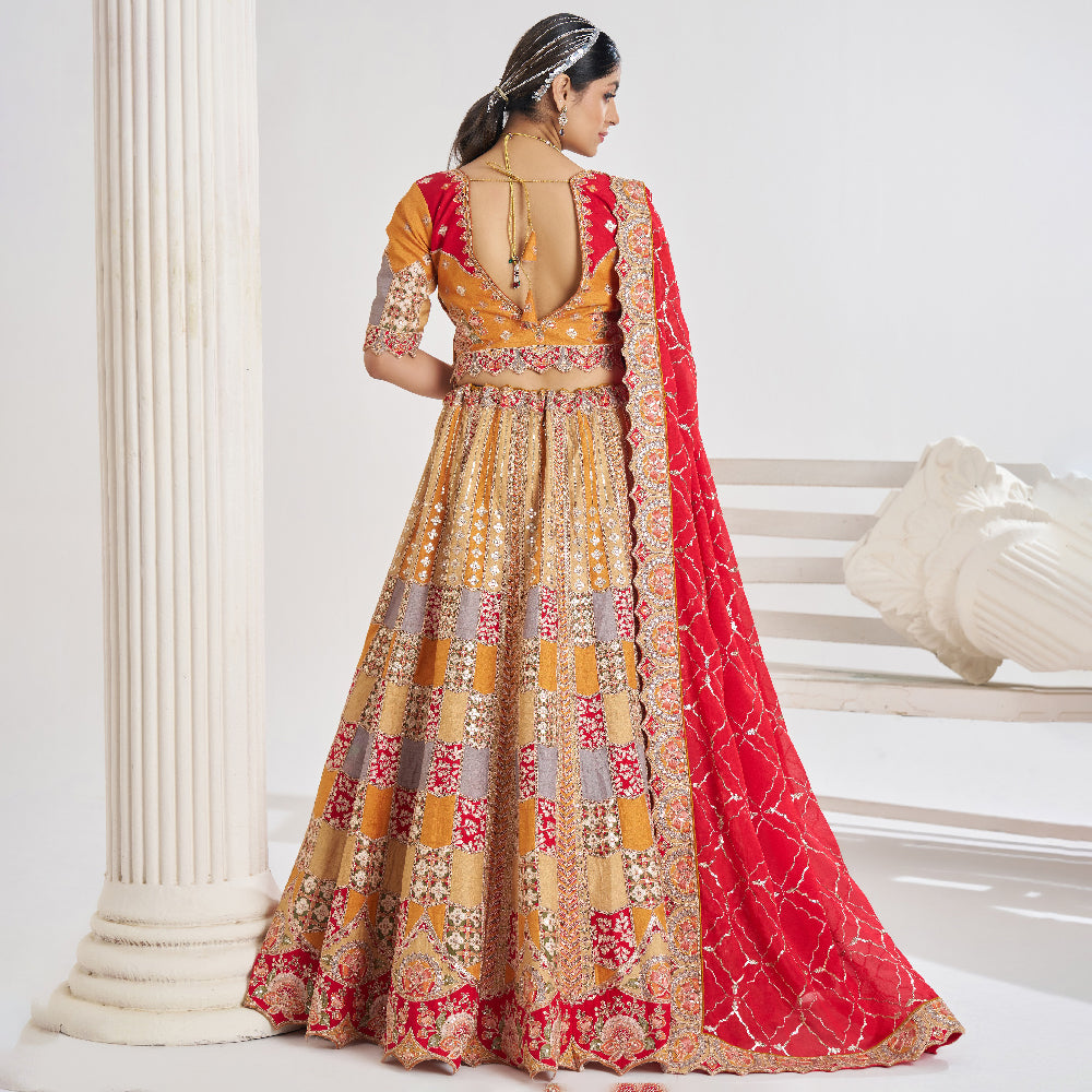 Mustard Color Position Print Jaal Patterned Party Wear Lehengas With Sequin And Aari Work