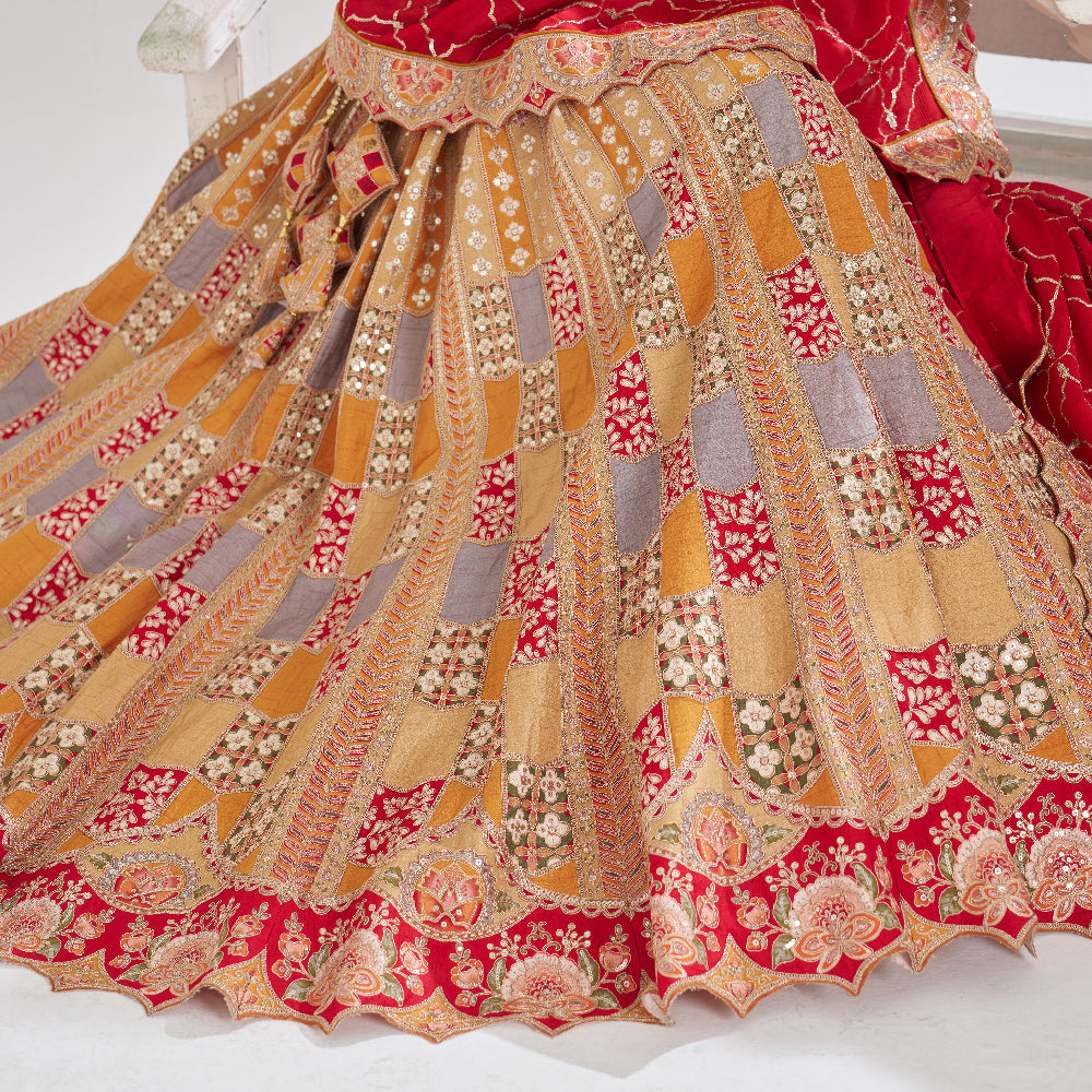 Mustard Color Position Print Jaal Patterned Party Wear Lehengas With Sequin And Aari Work