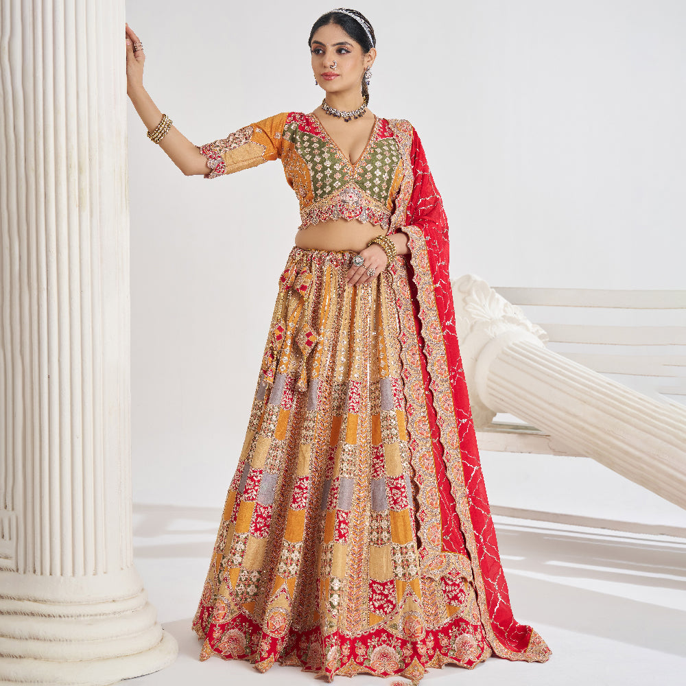 Mustard Color Position Print Jaal Patterned Party Wear Lehengas With Sequin And Aari Work