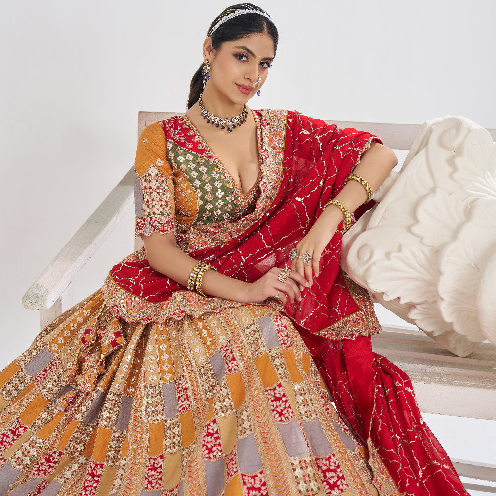Mustard Color Position Print Jaal Patterned Party Wear Lehengas With Sequin And Aari Work