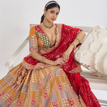 Mustard Color Position Print Jaal Patterned Party Wear Lehengas With Sequin And Aari Work