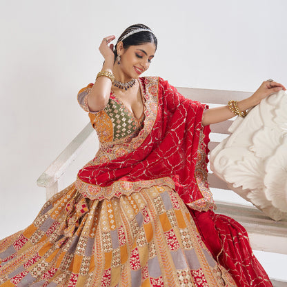 Mustard Color Position Print Jaal Patterned Party Wear Lehengas With Sequin And Aari Work