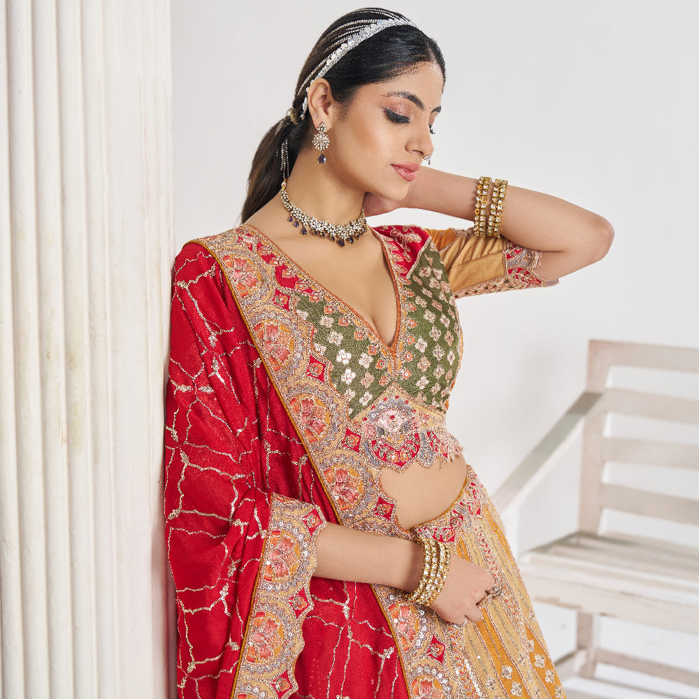 Mustard Color Position Print Jaal Patterned Party Wear Lehengas With Sequin And Aari Work