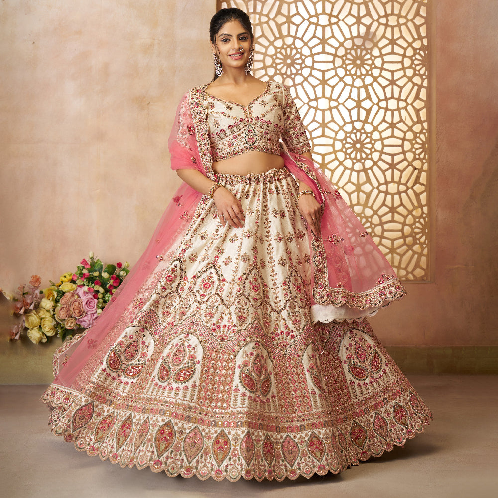 Whimiscal White Imperial Patterned Embroidered Bridal Lehenga-Minimum Qty -10 Pic