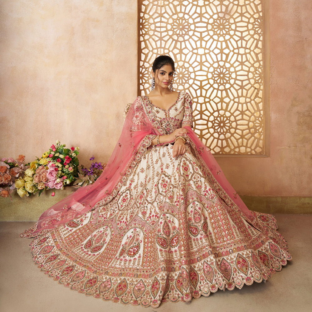 Whimiscal White Imperial Patterned Embroidered Bridal Lehenga-Minimum Qty -10 Pic