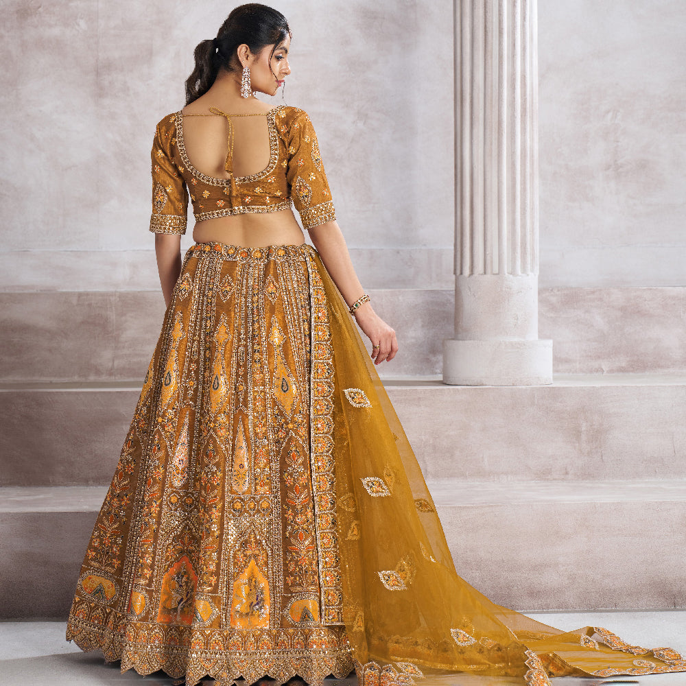 Earthy Mustard Color Bridal Lehenga With Patch And Aari -Work  Semi Stitched Lehenga Choli