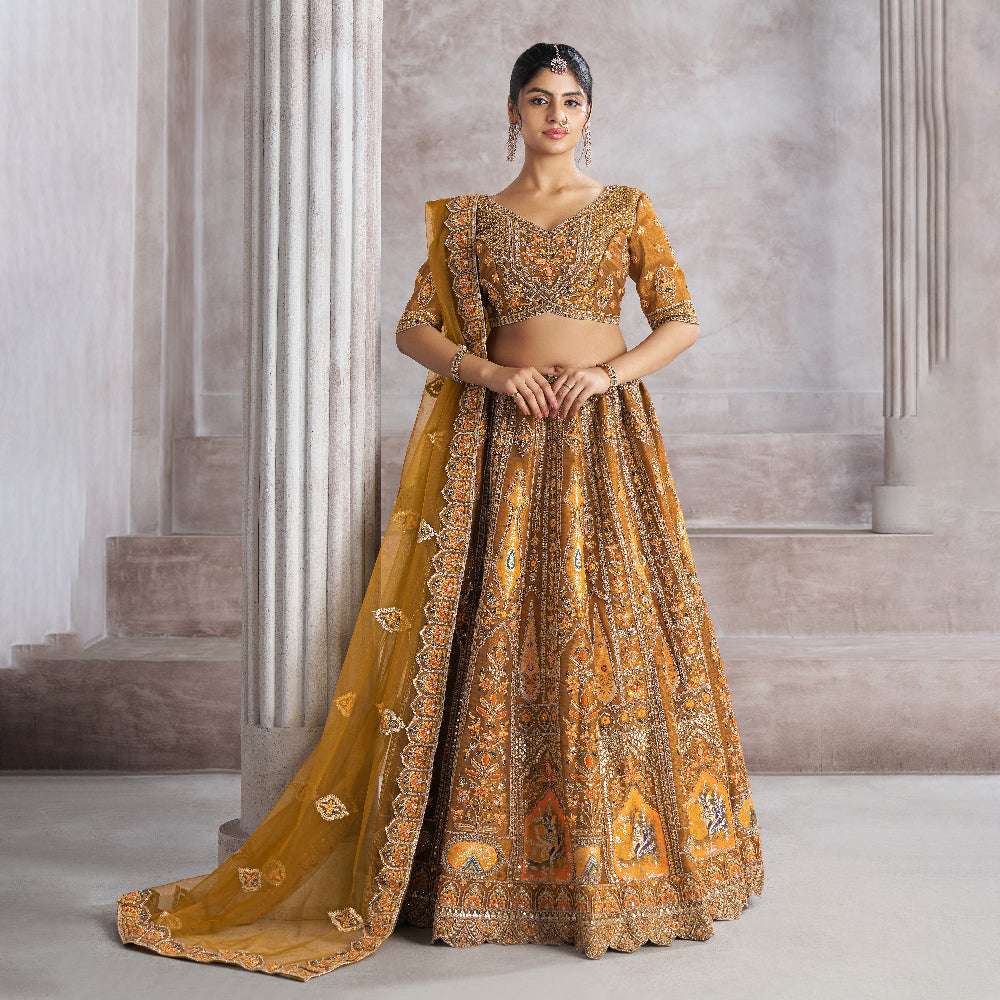 Earthy Mustard Color Bridal Lehenga With Patch And Aari -Work  Semi Stitched Lehenga Choli