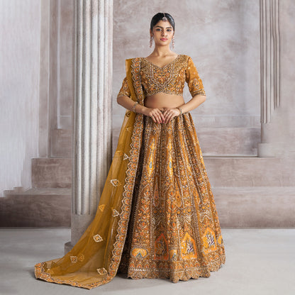 Earthy Mustard Color Bridal Lehenga With Patch And Aari -Work  Semi Stitched Lehenga Choli