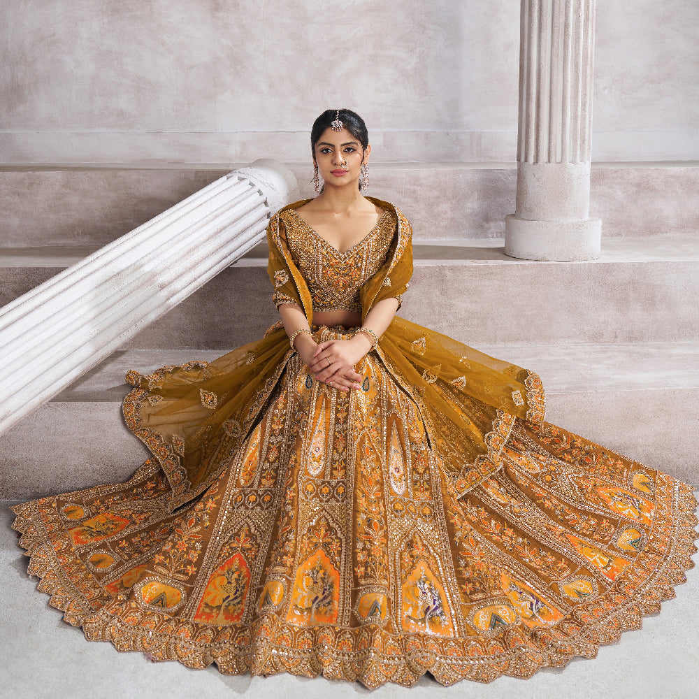 Earthy Mustard Color Bridal Lehenga With Patch And Aari -Work  Semi Stitched Lehenga Choli