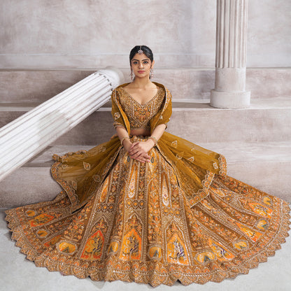 Earthy Mustard Color Bridal Lehenga With Patch And Aari -Work  Semi Stitched Lehenga Choli