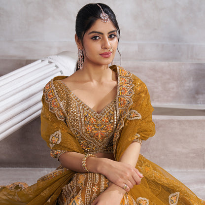 Earthy Mustard Color Bridal Lehenga With Patch And Aari -Work  Semi Stitched Lehenga Choli