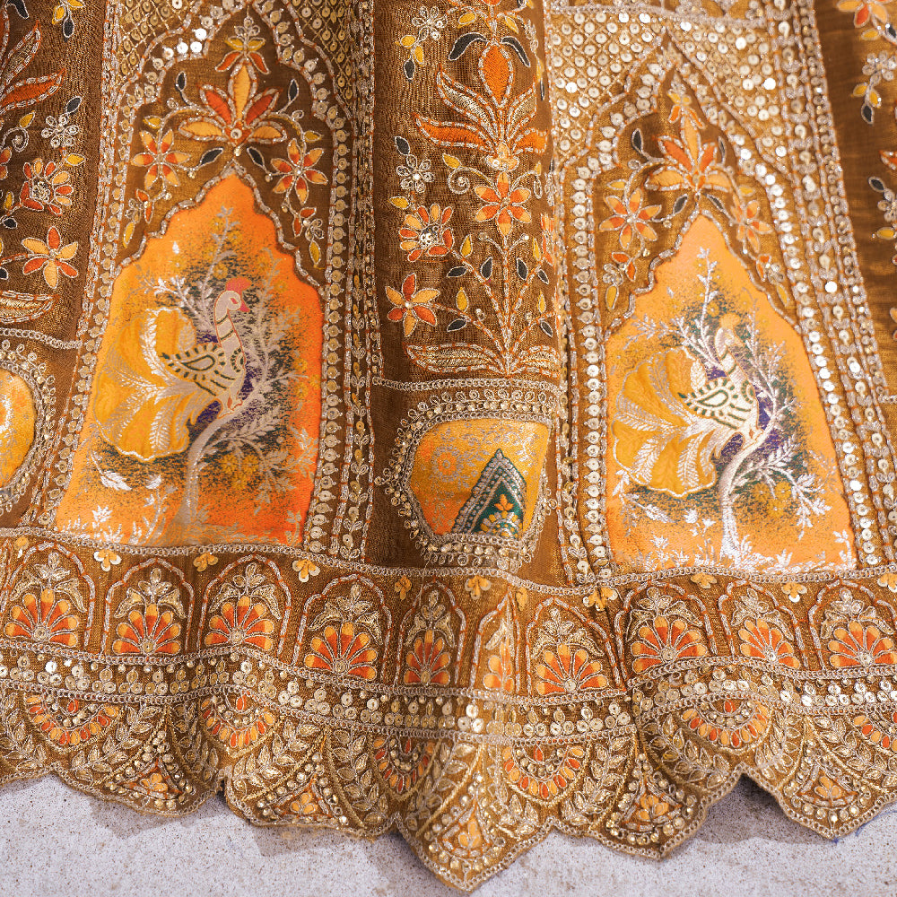 Earthy Mustard Color Bridal Lehenga With Patch And Aari -Work  Semi Stitched Lehenga Choli