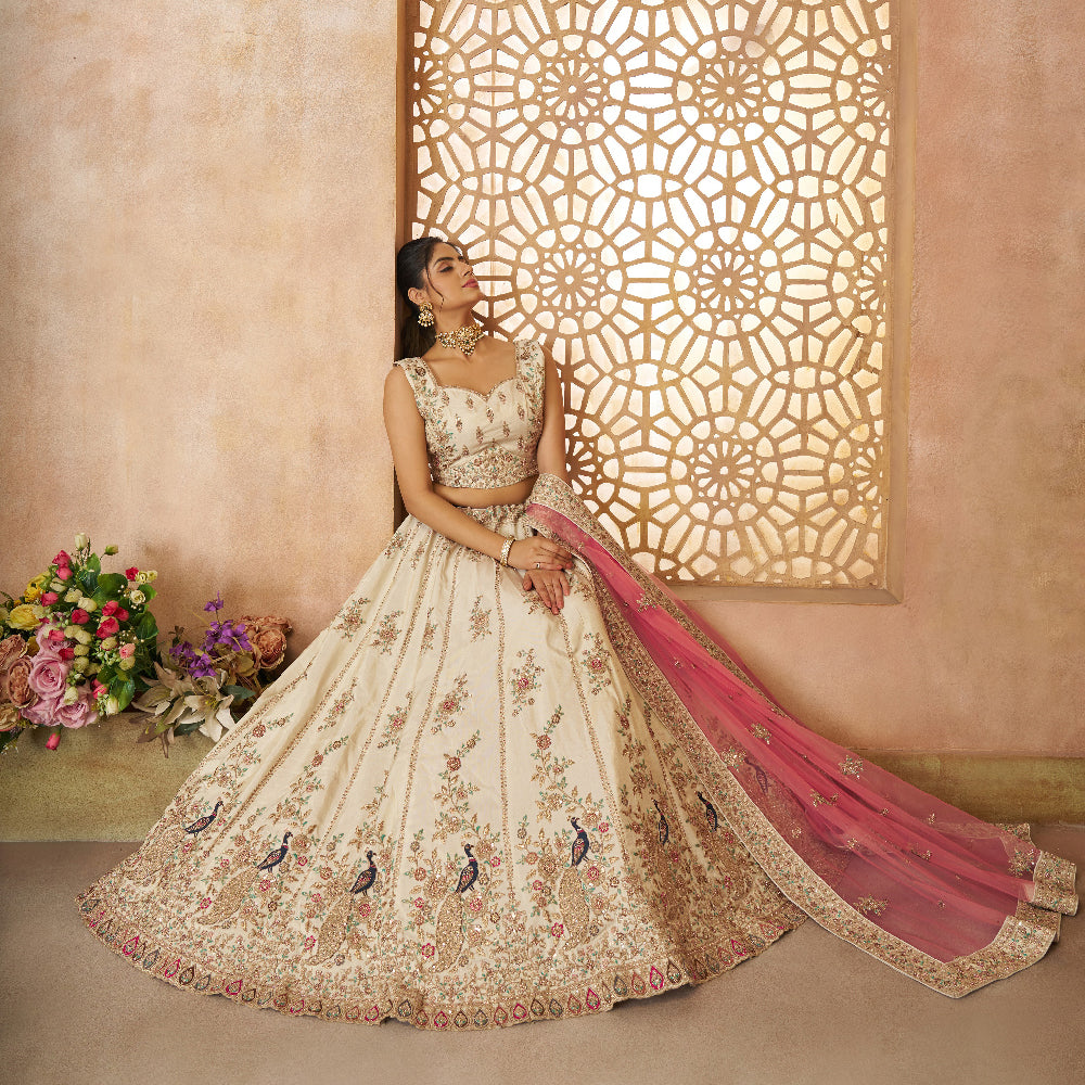 White Modern Zari Silk Fabric With Sequinse And Thread Embroidery Semi-Stitched Lehenga Choli And Dupatta-Minimum Qty -10 Pic