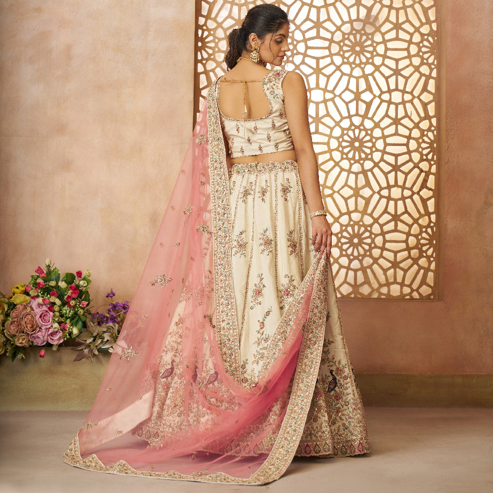White Modern Zari Silk Fabric With Sequinse And Thread Embroidery Semi-Stitched Lehenga Choli And Dupatta-Minimum Qty -10 Pic