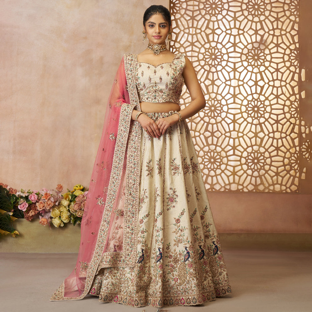 White Modern Zari Silk Fabric With Sequinse And Thread Embroidery Semi-Stitched Lehenga Choli And Dupatta-Minimum Qty -10 Pic