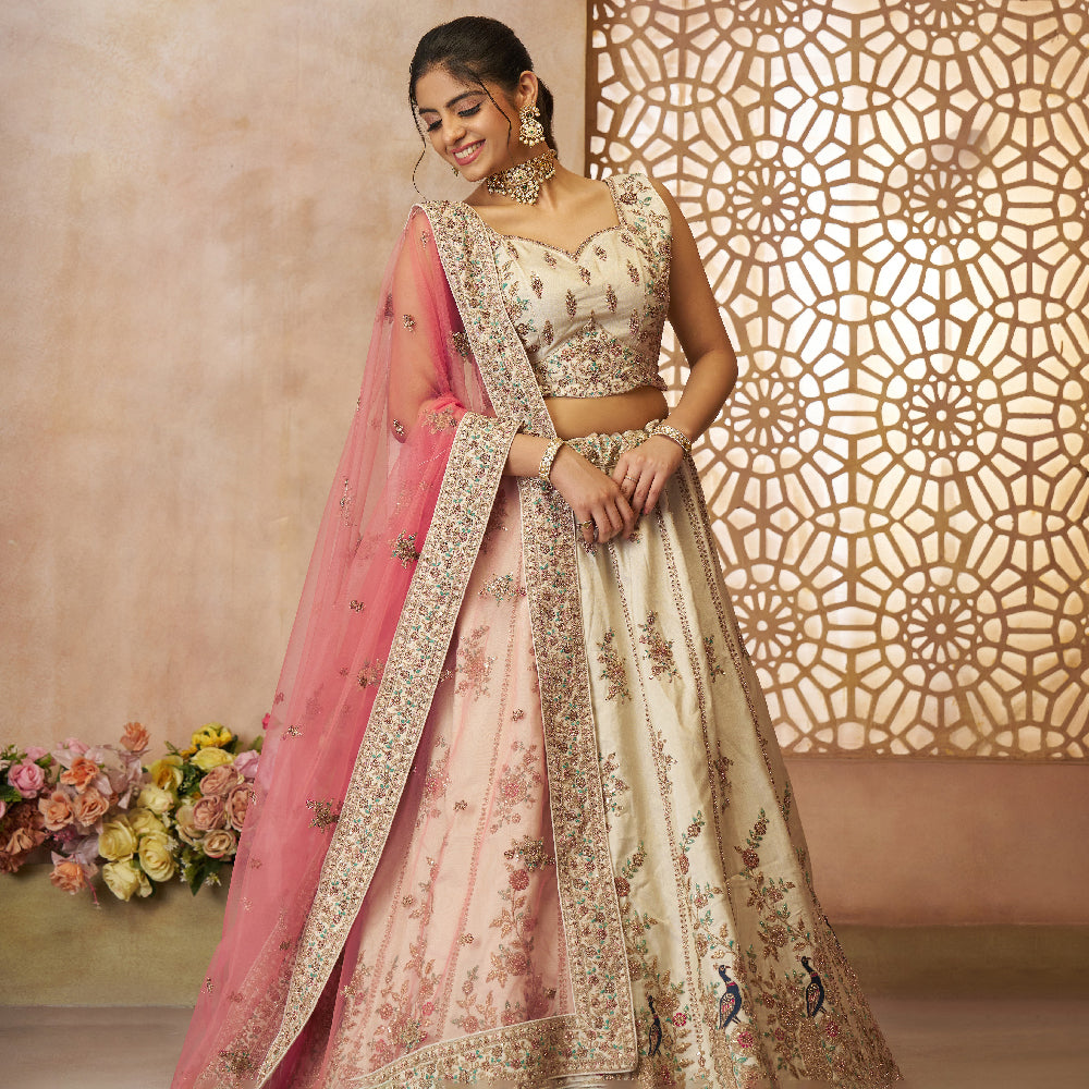 White Modern Zari Silk Fabric With Sequinse And Thread Embroidery Semi-Stitched Lehenga Choli And Dupatta-Minimum Qty -10 Pic