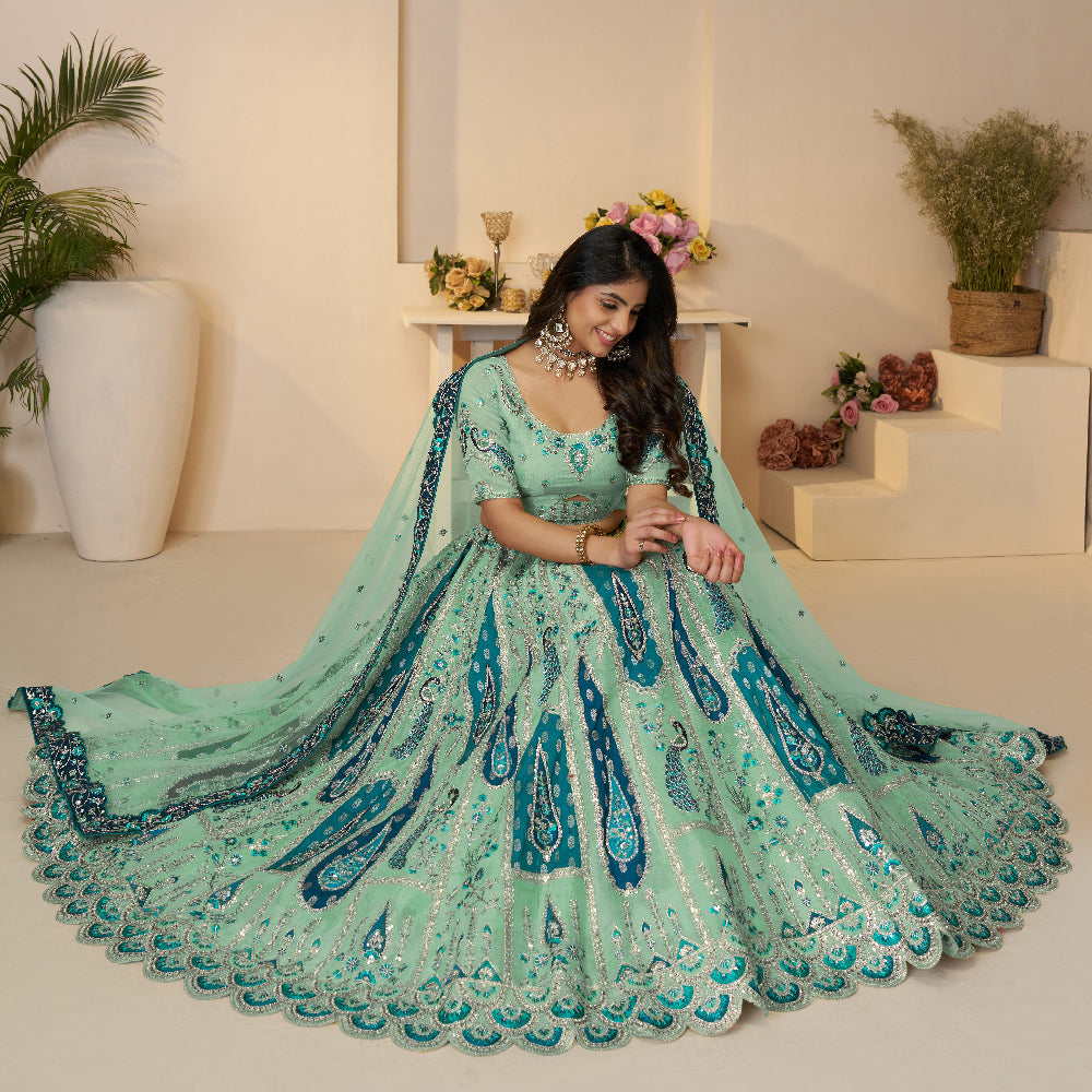 Royal Grandeur Bridal Sky Blue Lehenga With Paisley And Peacock Motifs And Heavy Embroidery-Minimum Qty -10 Pic