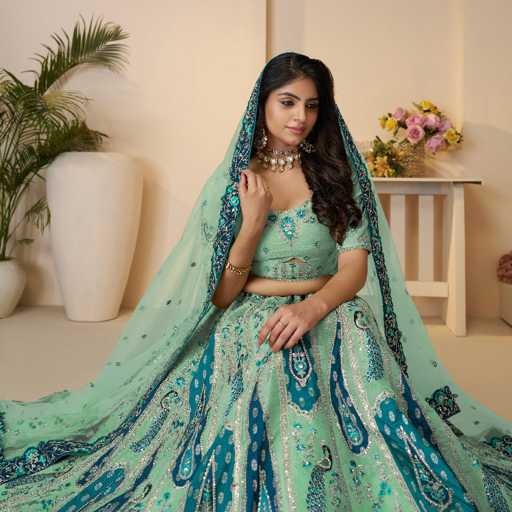 Royal Grandeur Bridal Sky Blue Lehenga With Paisley And Peacock Motifs And Heavy Embroidery-Minimum Qty -10 Pic