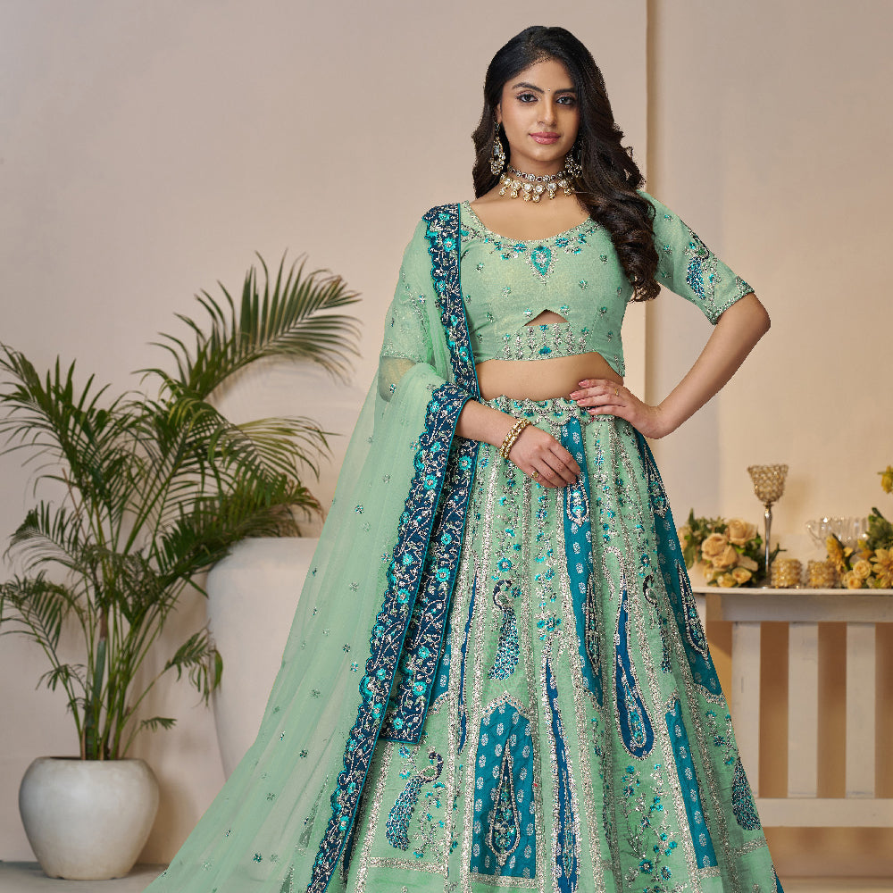 Royal Grandeur Bridal Sky Blue Lehenga With Paisley And Peacock Motifs And Heavy Embroidery-Minimum Qty -10 Pic