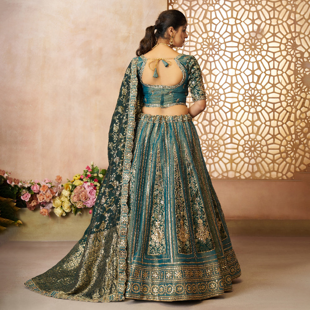 Regal Green Tissue Base, Banarasi Patches And Zari Work Designer Lehenga