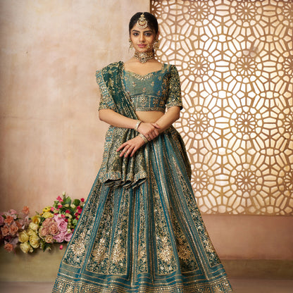 Regal Green Tissue Base, Banarasi Patches And Zari Work Designer Lehenga