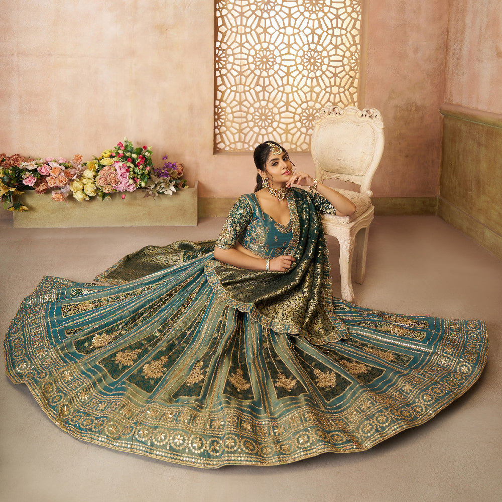Regal Green Tissue Base, Banarasi Patches And Zari Work Designer Lehenga