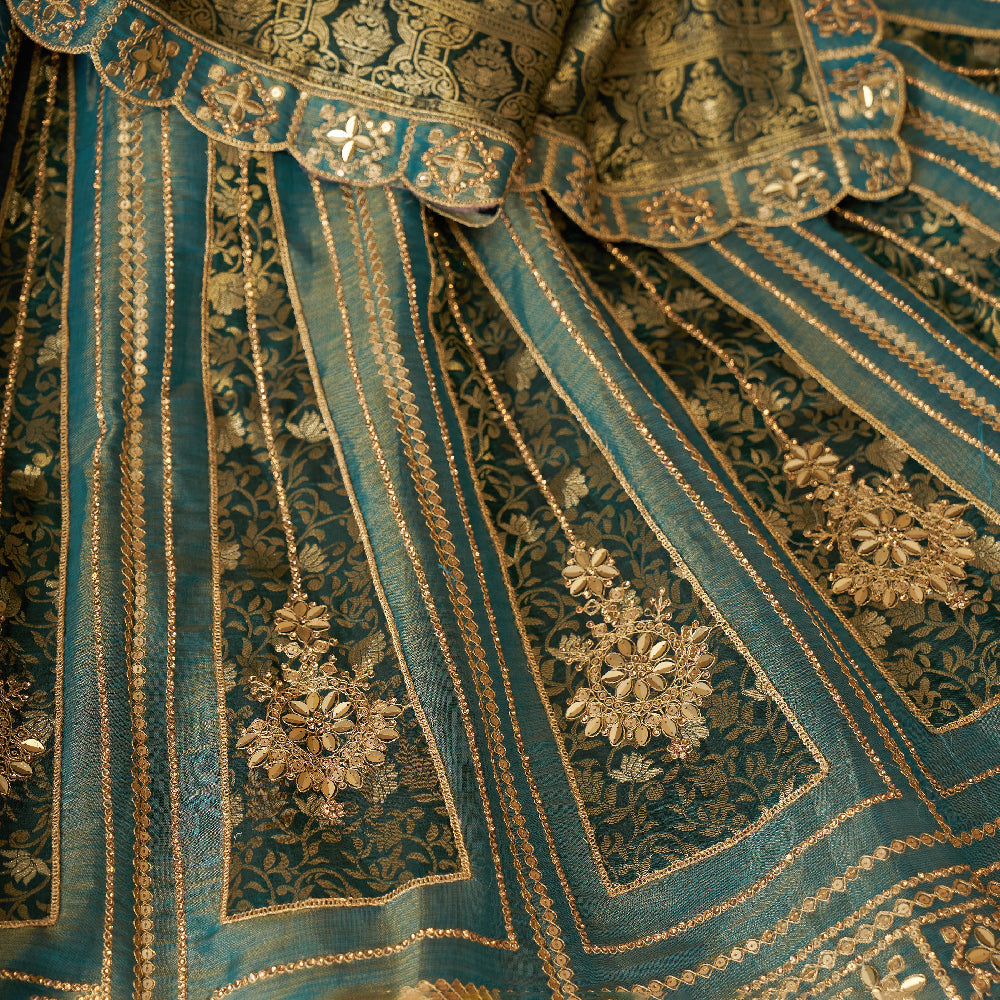 Regal Green Tissue Base, Banarasi Patches And Zari Work Designer Lehenga