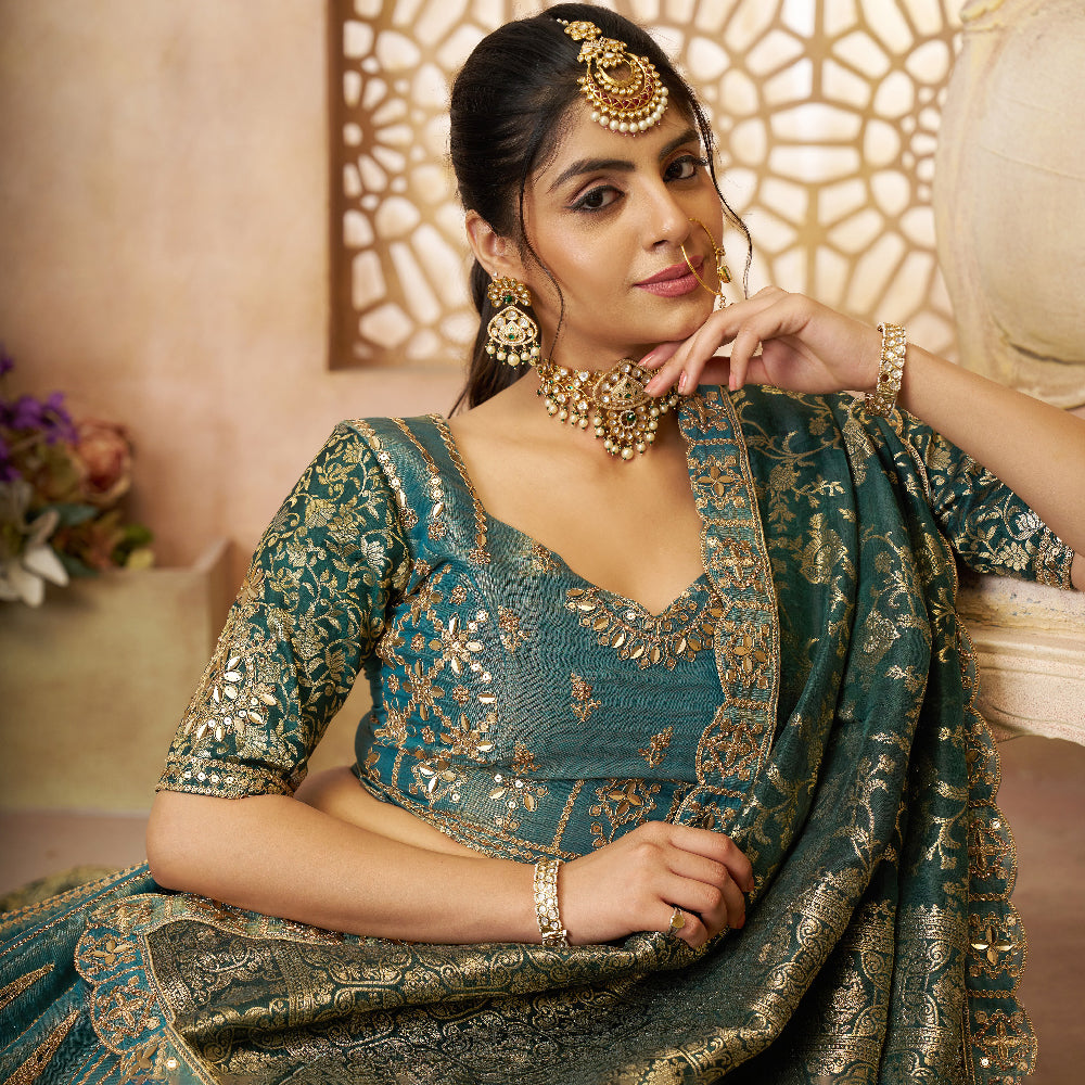 Regal Green Tissue Base, Banarasi Patches And Zari Work Designer Lehenga