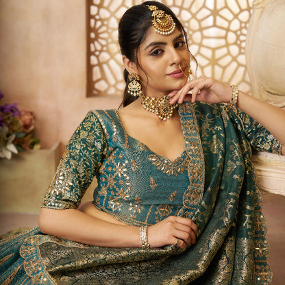 Regal Green Tissue Base, Banarasi Patches And Zari Work Designer Lehenga