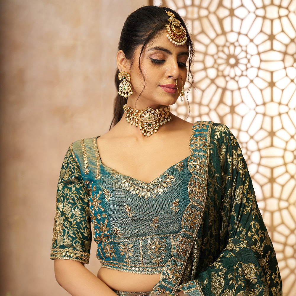 Regal Green Tissue Base, Banarasi Patches And Zari Work Designer Lehenga