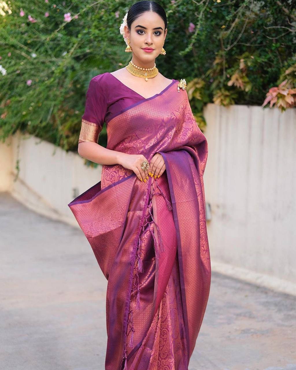 Runglory Royal Purple Wine Woven Kanjivaram Saree