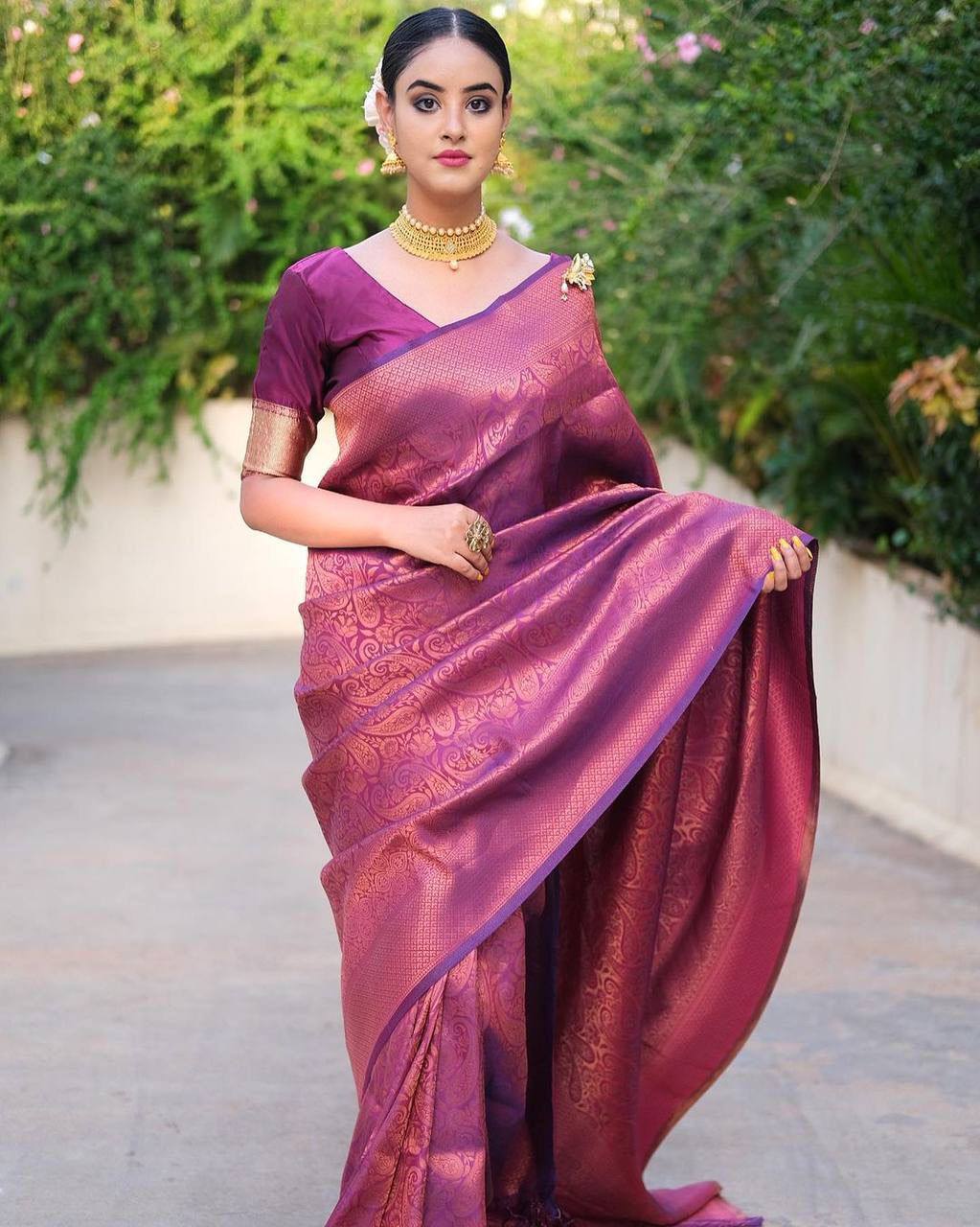Runglory Royal Purple Wine Woven Kanjivaram Saree