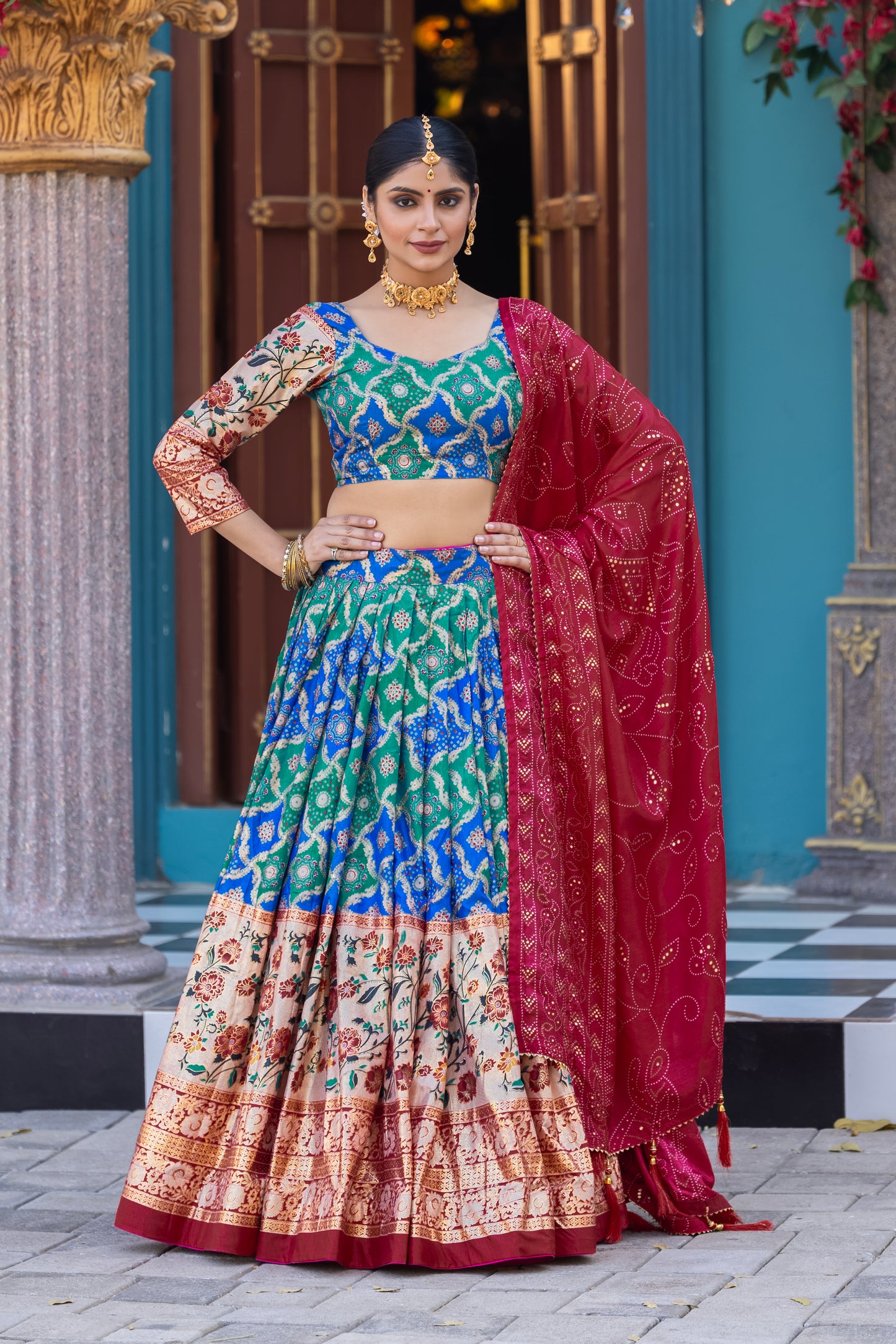 ZariPhool Lehenga Set - Traditional Patola with Gotta Grace