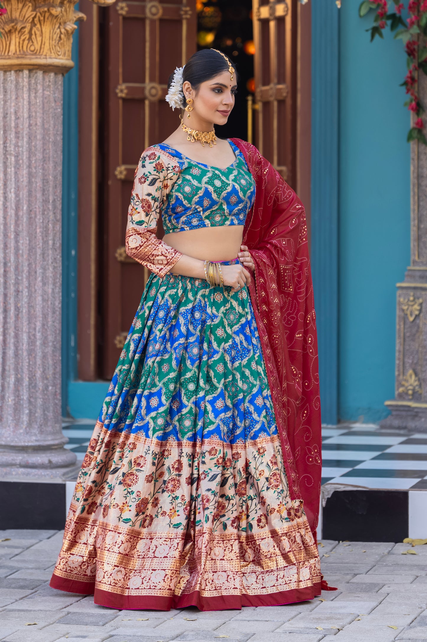 ZariPhool Lehenga Set - Traditional Patola with Gotta Grace