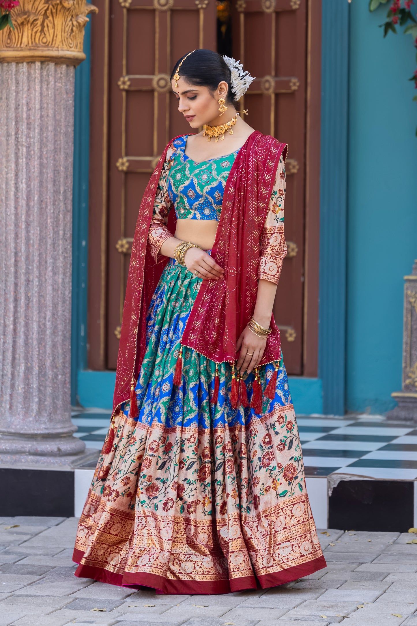 ZariPhool Lehenga Set - Traditional Patola with Gotta Grace