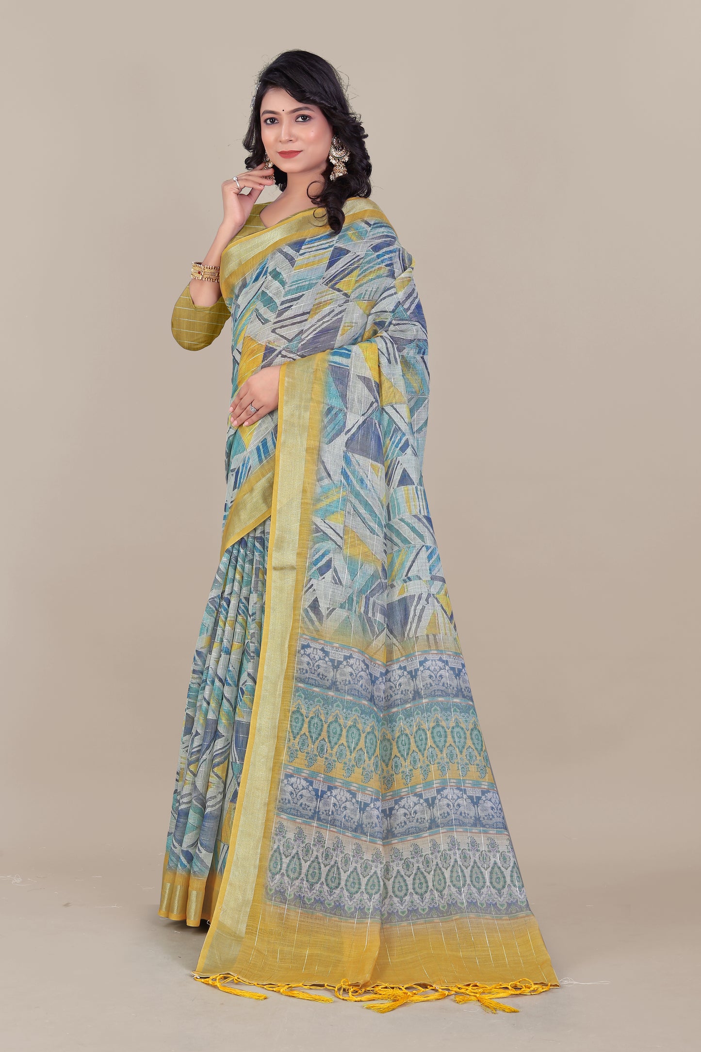 Elegant Pure Linen Saree with Silver Zari Lurex - Soft And Stylish Drape