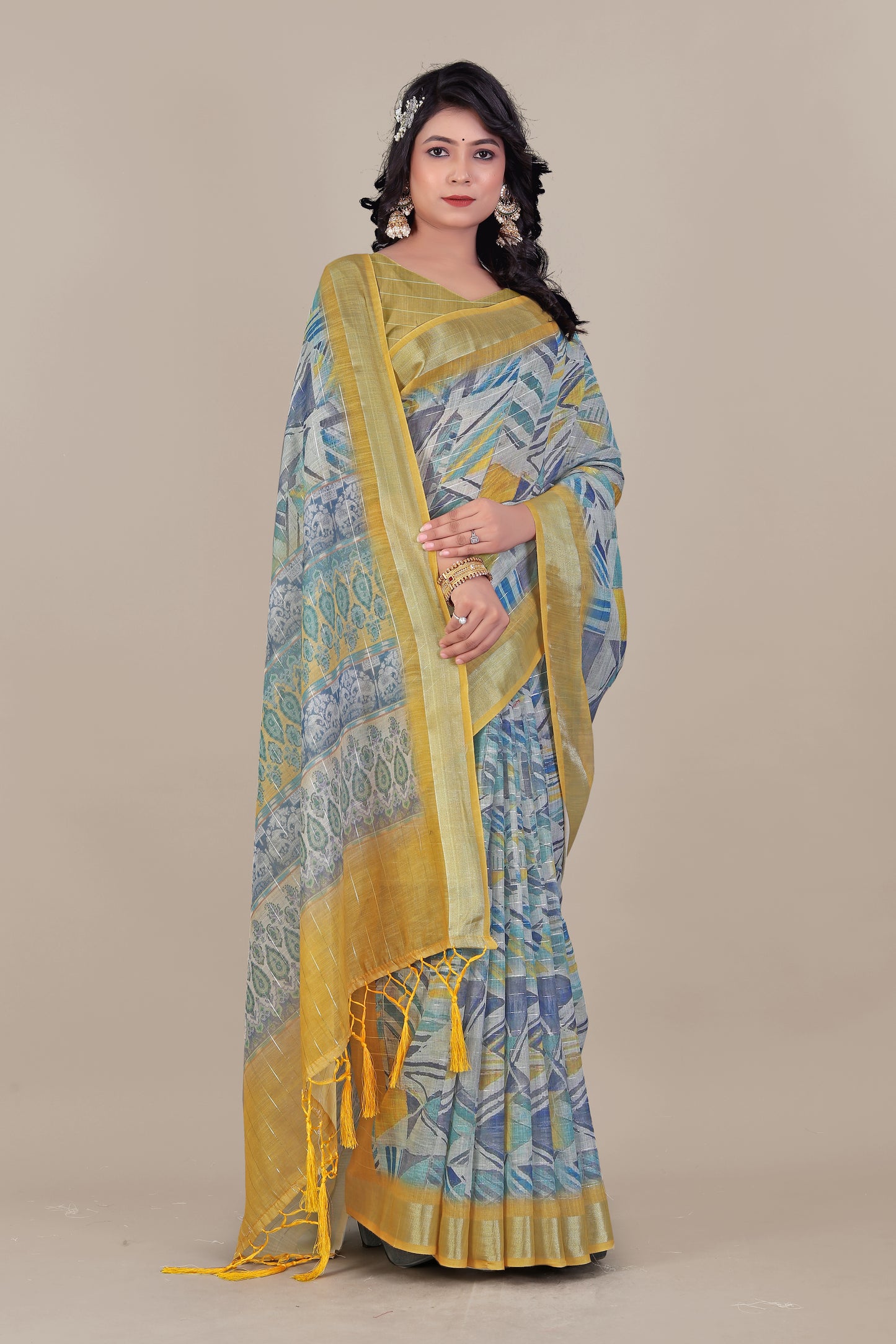 Elegant Pure Linen Saree with Silver Zari Lurex - Soft And Stylish Drape
