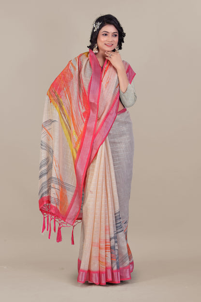 Moonweave - Soft Pure Linen Saree Adorned with Silver Lurex Magic