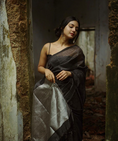 Graceful Jacquard Saree Featuring Stripes Jacqurd Work and a Richly Designed Pallu-Minimum Qty -10 Pic