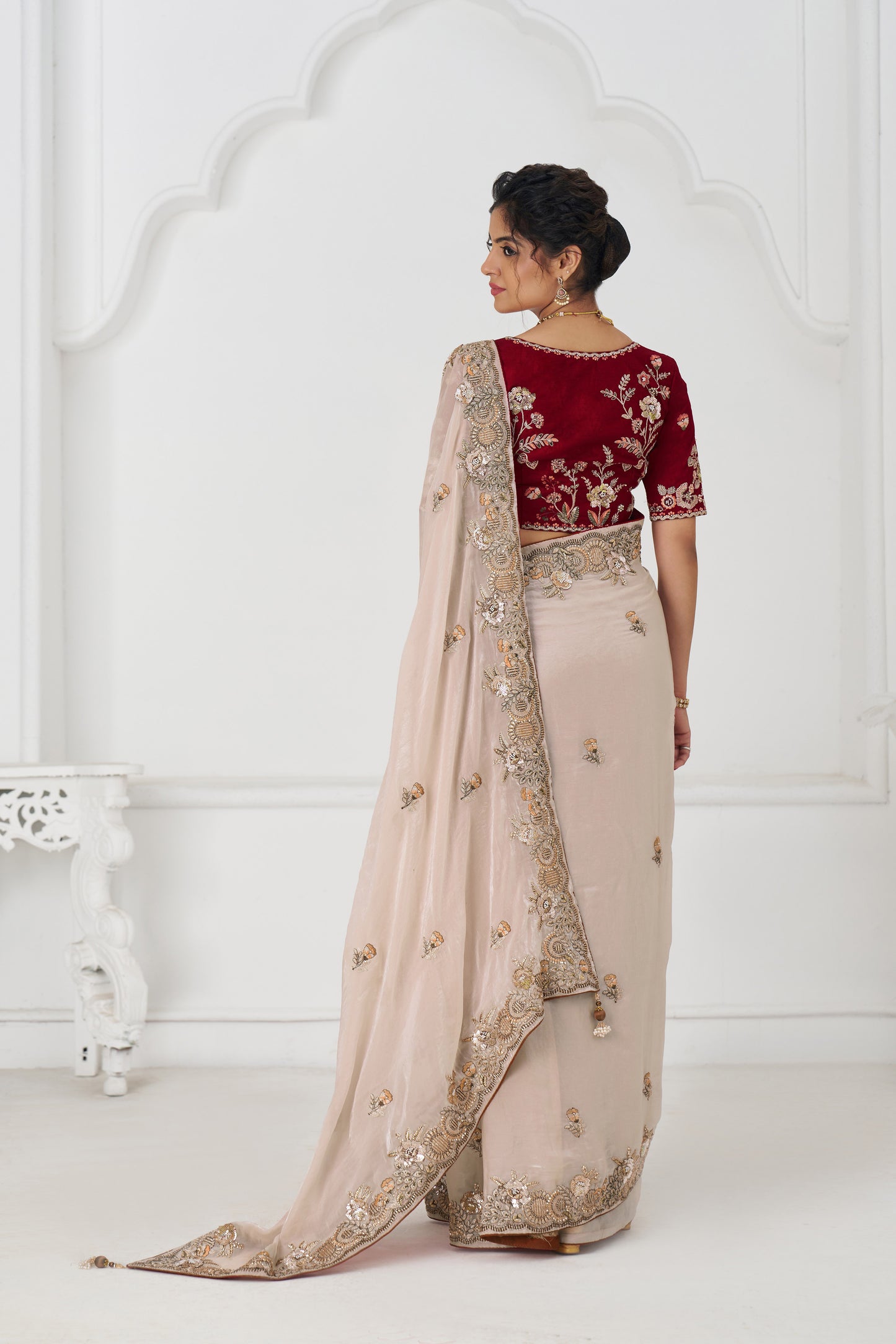 Handcrafted Fendi Silk Saree With Floral  Sequin And  Stone Embroidery With Unstiched Blouse