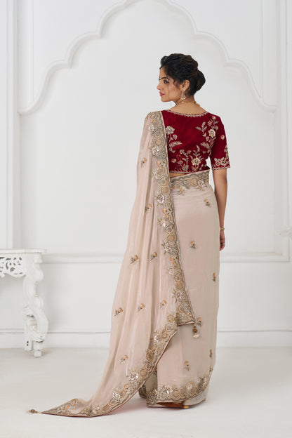 Handcrafted Fendi Silk Saree With Floral  Sequin And  Stone Embroidery With Unstiched Blouse