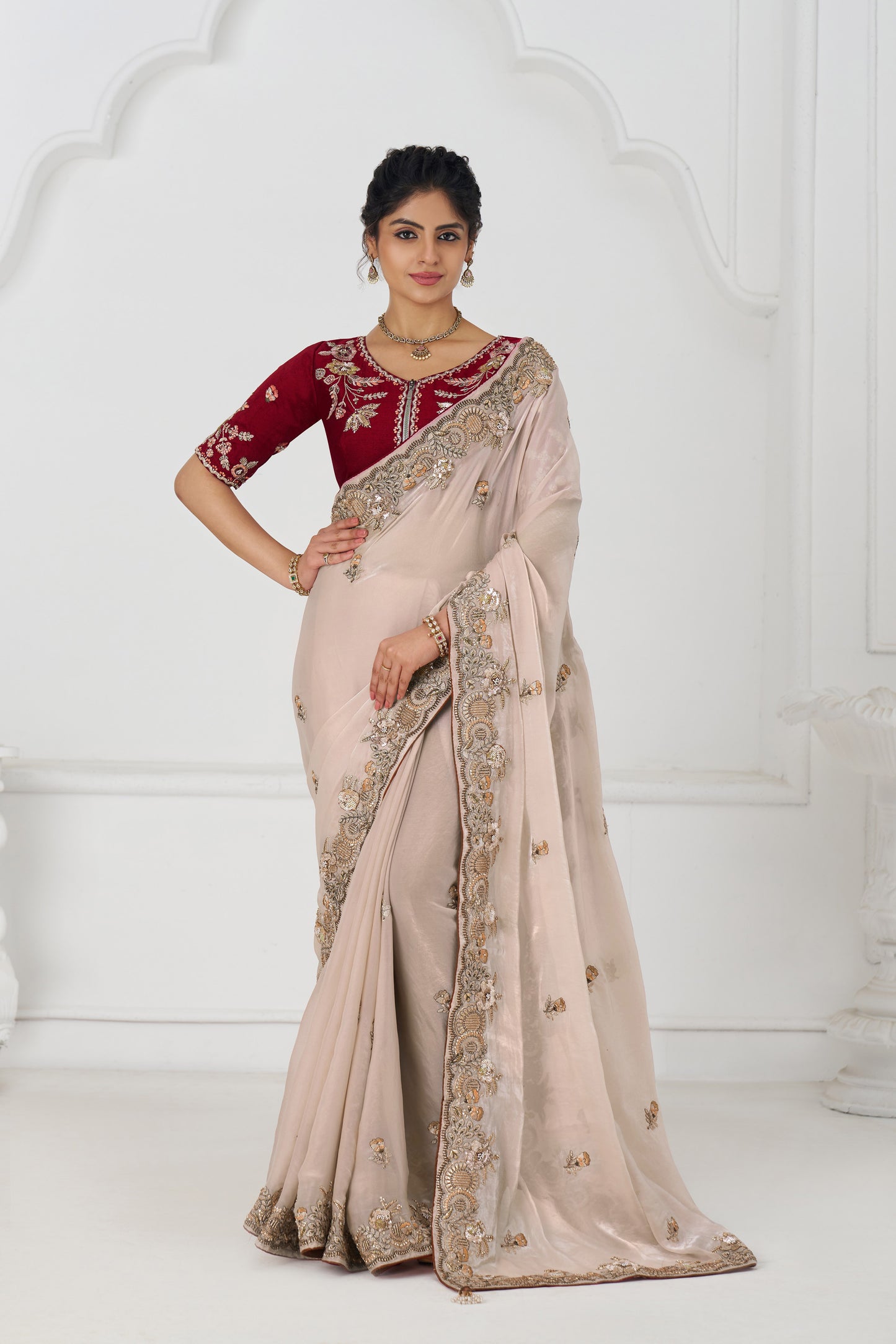 Handcrafted Fendi Silk Saree With Floral  Sequin And  Stone Embroidery With Unstiched Blouse