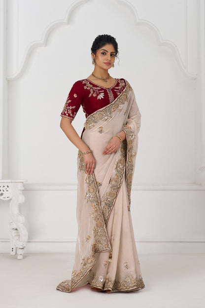Handcrafted Fendi Silk Saree With Floral  Sequin And  Stone Embroidery With Unstiched Blouse