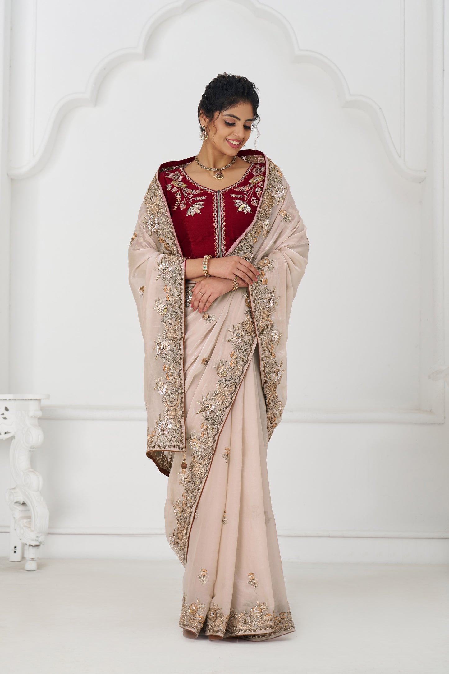Handcrafted Fendi Silk Saree With Floral  Sequin And  Stone Embroidery With Unstiched Blouse